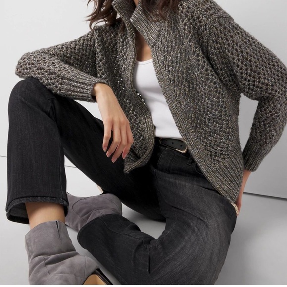 🌟White House Black Market Open Stitch Zip-Up Metallic Cardigan - Picture 2 of 13